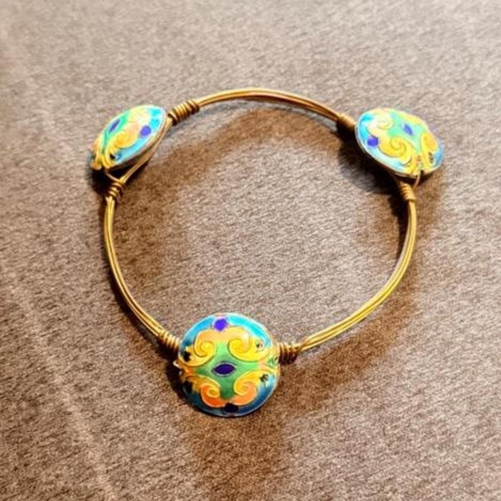 NWT Handmade Vibrant Multicolor Cloisonné Accent Bronze Wrapped Wire Bangle